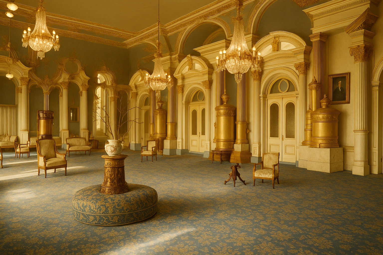 Color representation of the Salt Lake Temple Celestial Room with crystal chandeliers and ornate ceiling