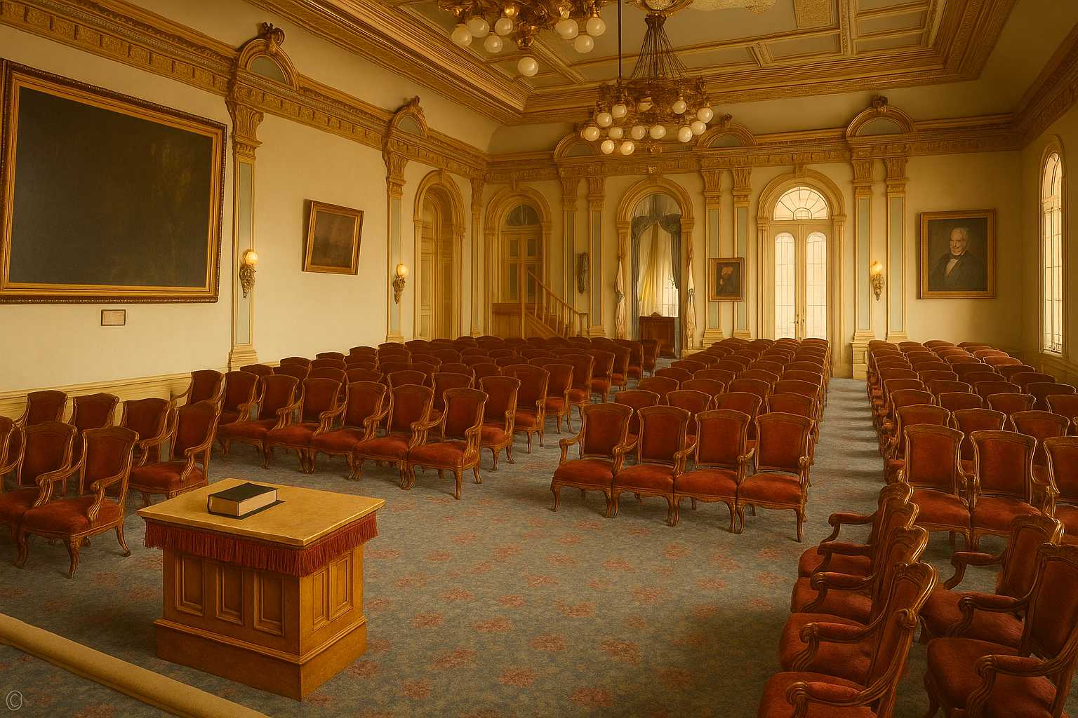 Color representation of the Salt Lake Temple Terrestrial Room, an ordinance room with rows of chairs